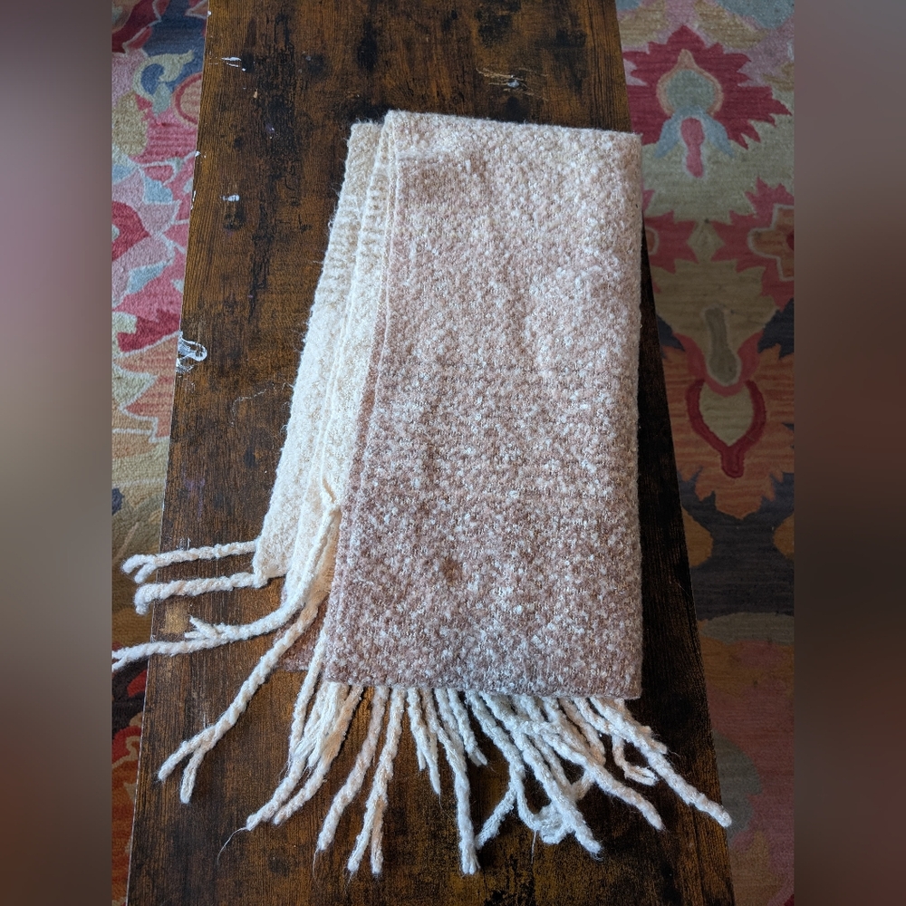 MER SEA Anthropologie Cozy Cream &‎ Beige Boucle Knit Scarf with Fringe